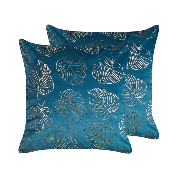 Set van 2 sierkussens DELICIOSA Fluweel 45 x 45 cm Blauw bladpatroon