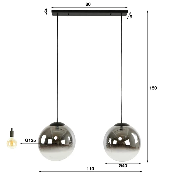 Suspension en verre fumé 2 abat-jour noirs RALF