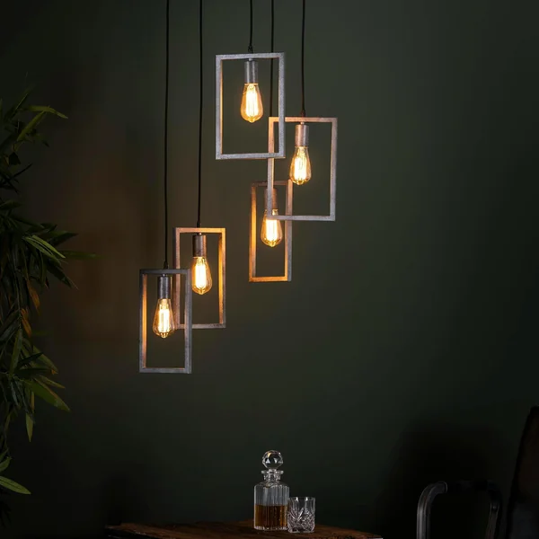 Suspension industrielle 5 lampes graphiques étagées argent vieilli RALF