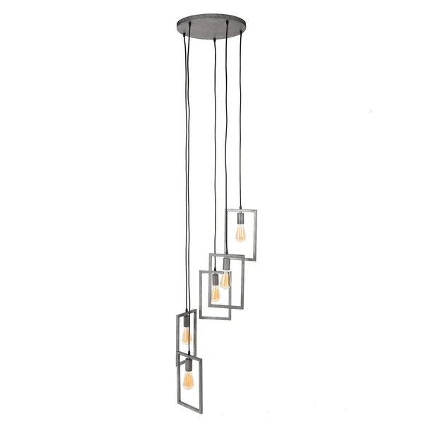 Suspension industrielle 5 lampes graphiques étagées argent vieilli RALF