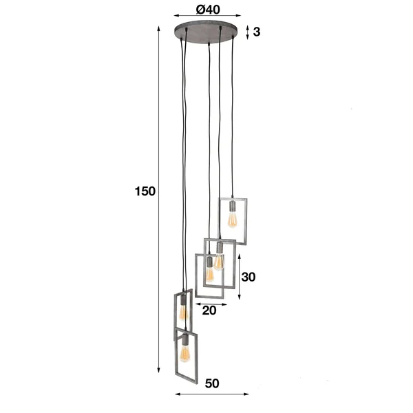 Suspension industrielle 5 lampes graphiques étagées argent vieilli RALF