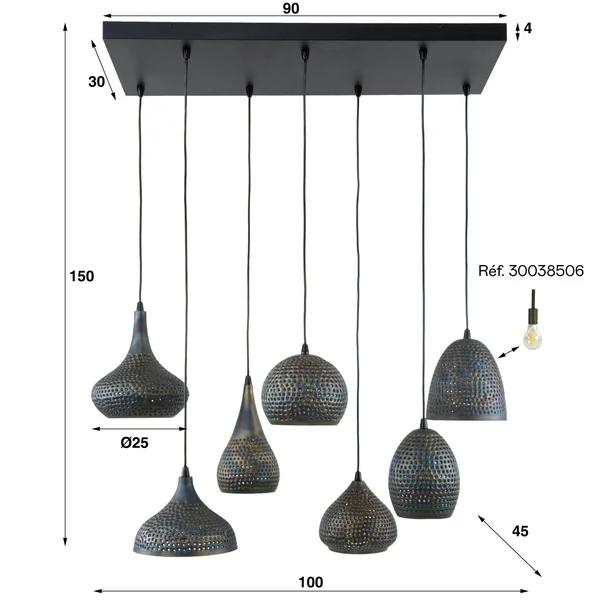 Suspension multiple 7 lampes en métal brun sombre JAVA