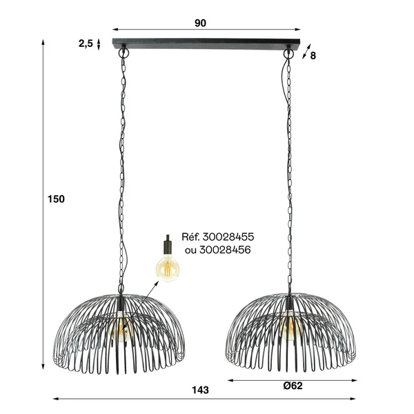 Suspension salle à manger indus 2 lampes forme dôme RALF