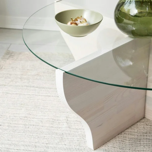 Table basse blanche en verre et bois - pied en X, ANZIO