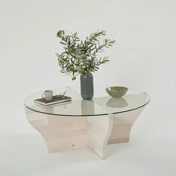 Table basse blanche en verre et bois - pied en X, ANZIO