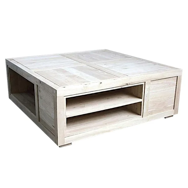 Table basse carrée avec casiers hévéa 100x100x38cm HELENA