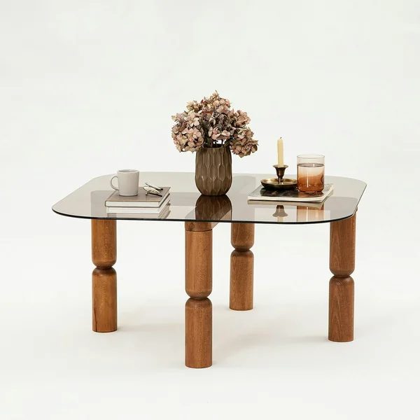 Table basse carrée en verre fumé - pieds bois marron sculpté BOMA