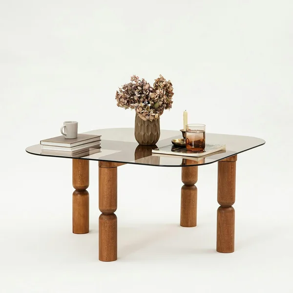 Table basse carrée en verre fumé - pieds bois marron sculpté BOMA