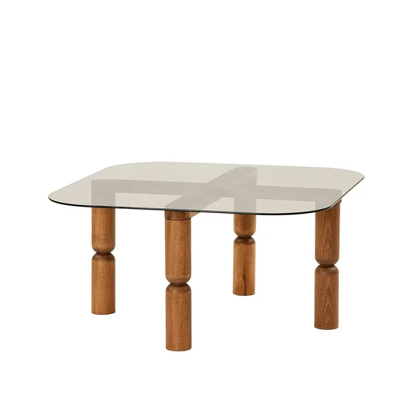 Table basse carrée en verre fumé - pieds bois marron sculpté BOMA
