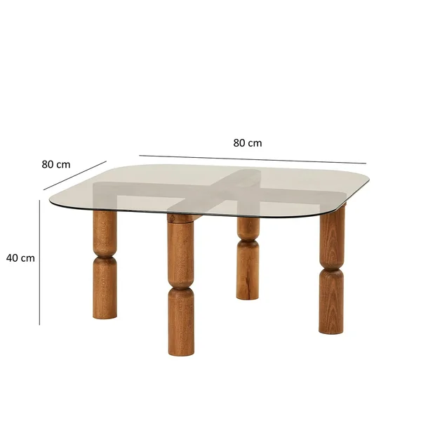 Table basse carrée en verre fumé - pieds bois marron sculpté BOMA