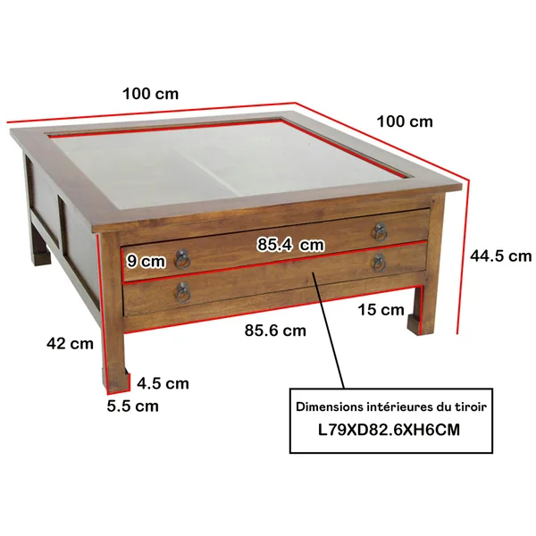 Table basse carrée vitré hévéa 100x100x40cm MAORI
