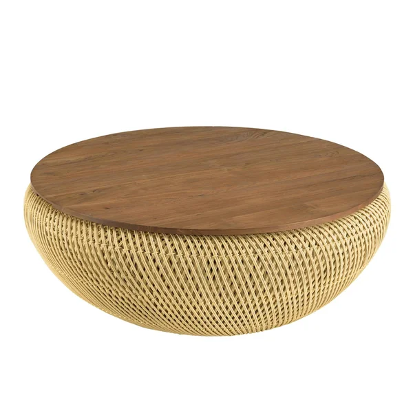 Table basse coffre ronde rotin beige et teck recyclé 100 cm SWING