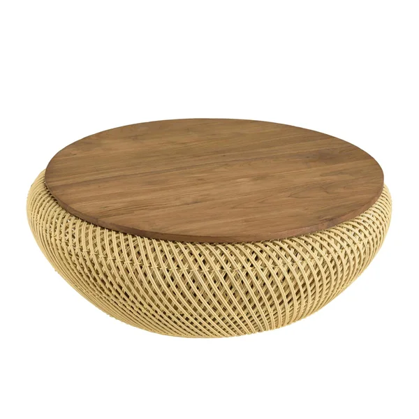 Table basse coffre ronde rotin beige et teck recyclé 81 cm SWING