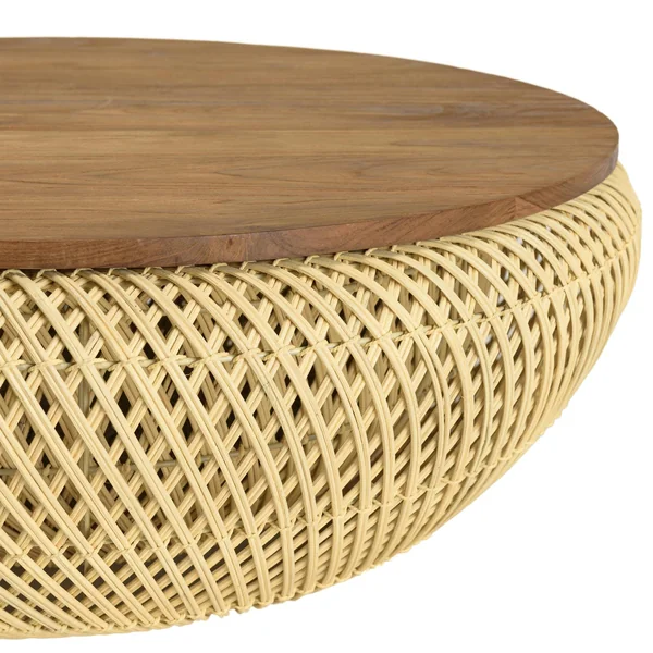 Table basse coffre ronde rotin beige et teck recyclé 81 cm SWING