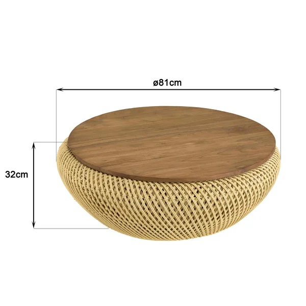 Table basse coffre ronde rotin beige et teck recyclé 81 cm SWING