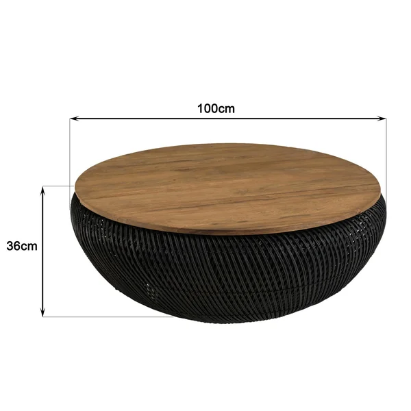 Table basse coffre ronde rotin noir et teck recyclé 100 cm SWING