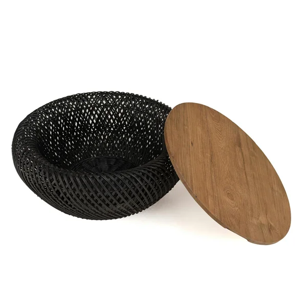 Table basse coffre ronde rotin noir et teck recyclé 66 cm SWING