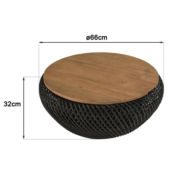 Table basse coffre ronde rotin noir et teck recyclé 66 cm SWING