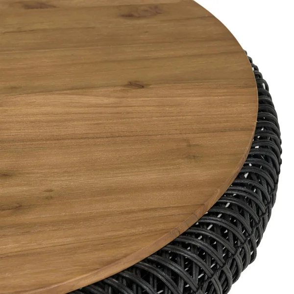 Table basse coffre ronde rotin noir et teck recyclé 81 cm SWING