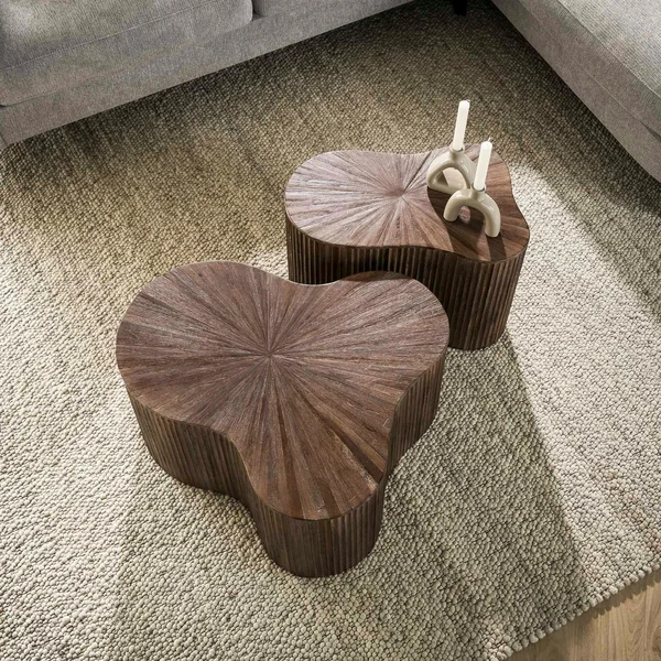 Table basse design en bois de teck avec plateau en marqueterie (lot de 2) YOGY