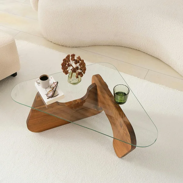 Table basse design en verre et bois brun - forme triangle ANZIO