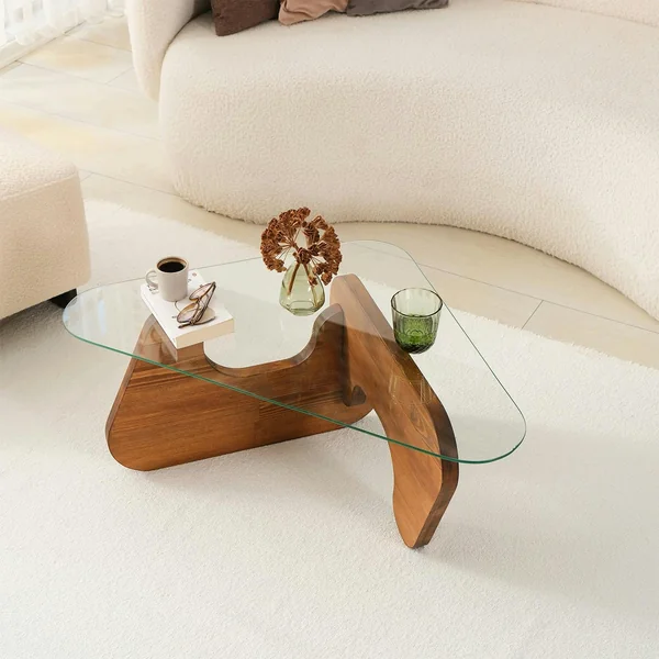 Table basse design en verre et bois brun - forme triangle ANZIO