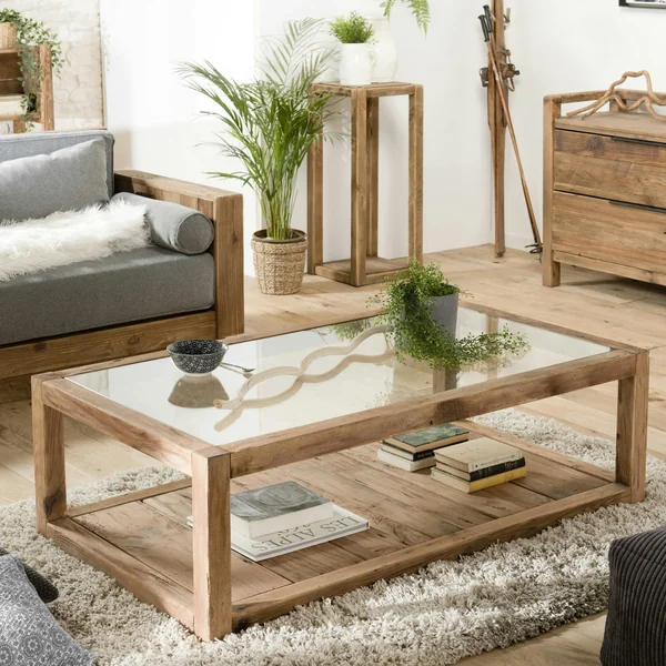 Table basse double plateau en bois de pin recyclé et verre DENVER