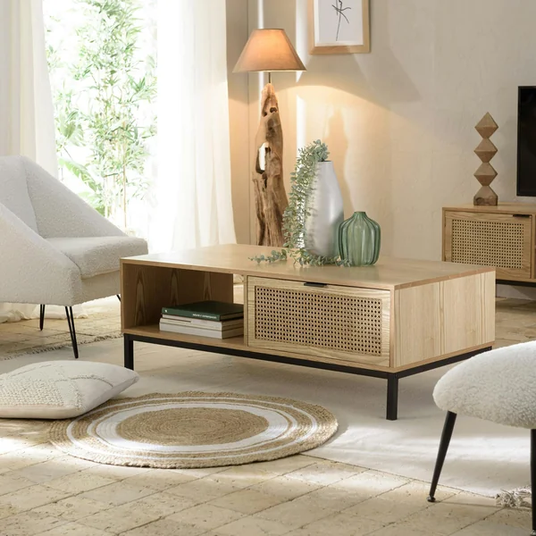 Table basse en bois 2 tiroirs cannage rotin PALMA
