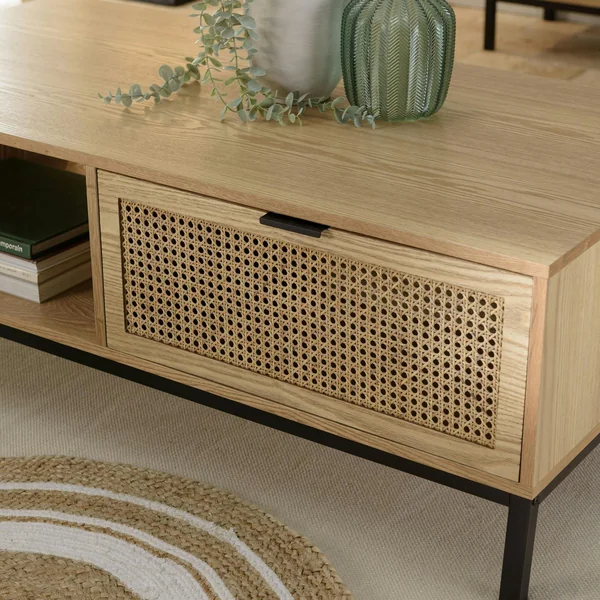 Table basse en bois 2 tiroirs cannage rotin PALMA