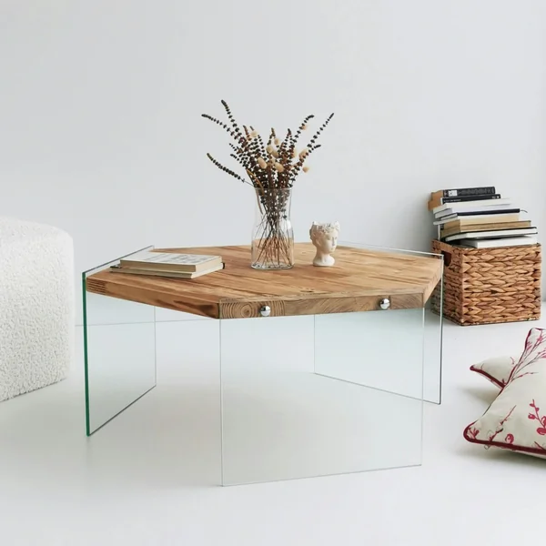 Table basse en bois clair et verre - forme hexagone LHASA