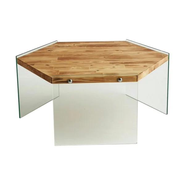 Table basse en bois clair et verre - forme hexagone LHASA