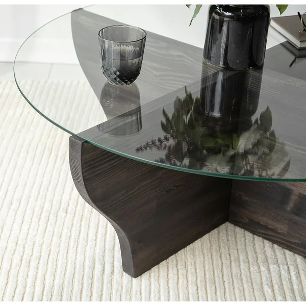 Table basse en verre et bois gris foncé - pied en X, ANZIO