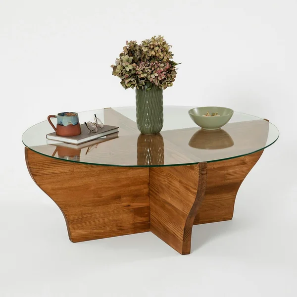 Table basse en verre et bois marron - pied en X, ANZIO