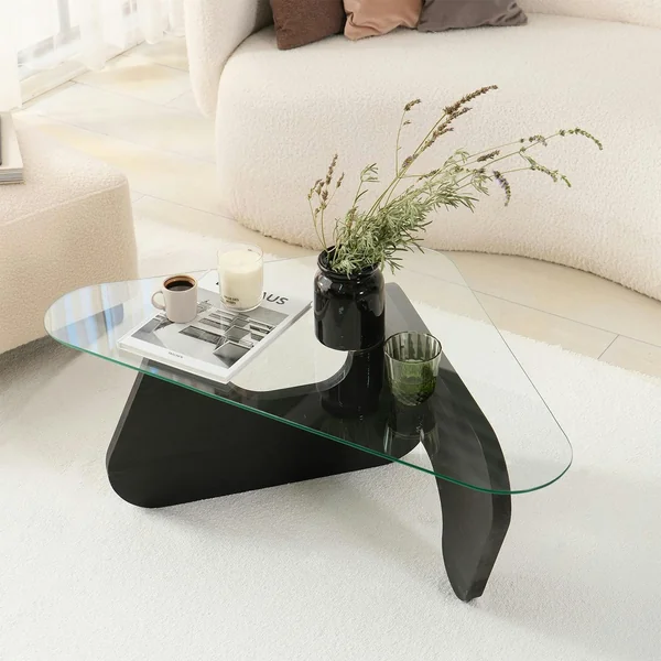 Table basse en verre - pied bois brun, forme triangle ANZIO