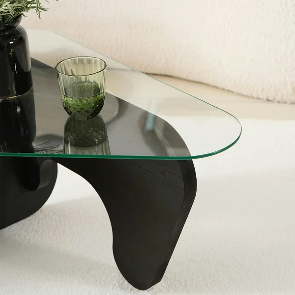 Table basse en verre - pied bois brun, forme triangle ANZIO