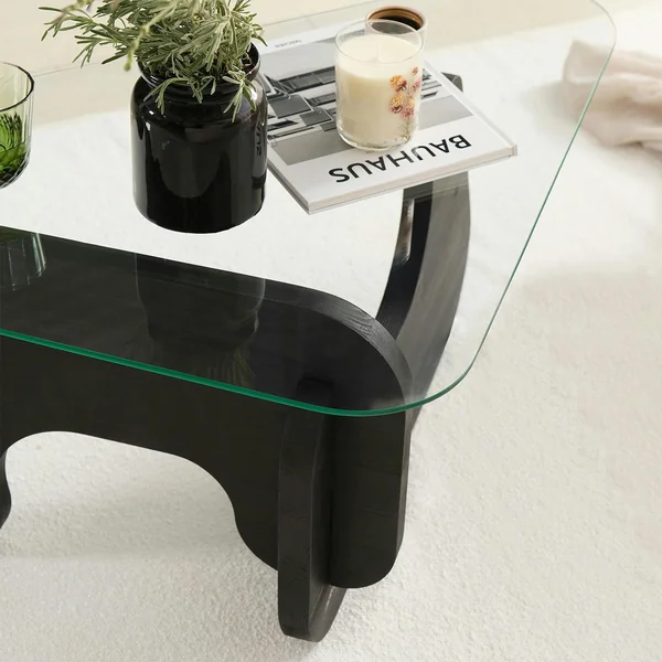 Table basse en verre - pied bois brun, forme triangle ANZIO