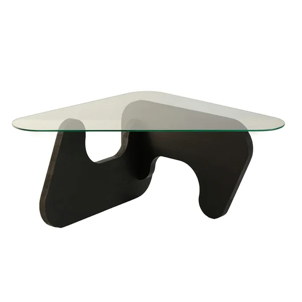 Table basse en verre - pied bois brun, forme triangle ANZIO