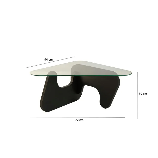 Table basse en verre - pied bois brun, forme triangle ANZIO