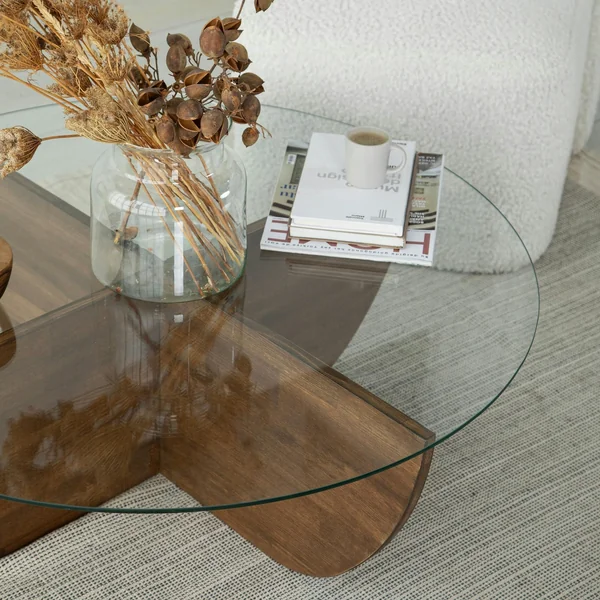 Table basse en verre – pied croix bois brun, 90 cm ANZIO