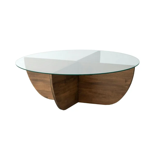 Table basse en verre – pied croix bois brun, 90 cm ANZIO