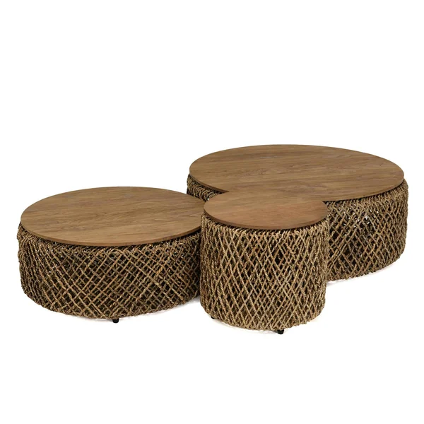 Table basse gigogne ronde en teck et rotin (lot de 3) SWING