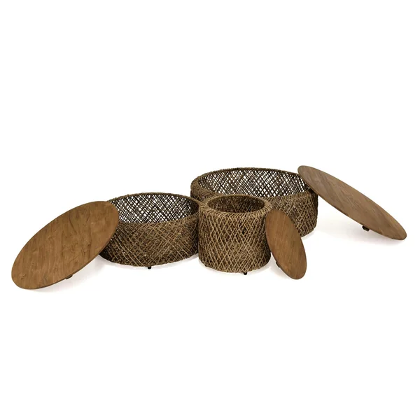 Table basse gigogne ronde en teck et rotin (lot de 3) SWING