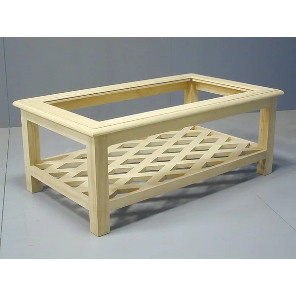Table basse Hévéa double plateaux, 1 plateau verre, 1 plateau ajouré effet croisé 120x70x47cm MAORI