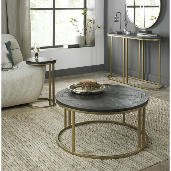 Table basse noire ronde en marqueterie de bois VALLEY