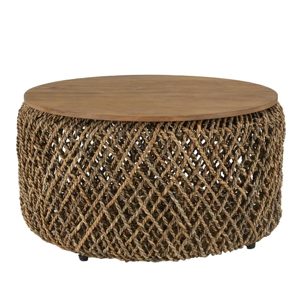Table basse ronde 70 cm fibre tressée et bois SWING