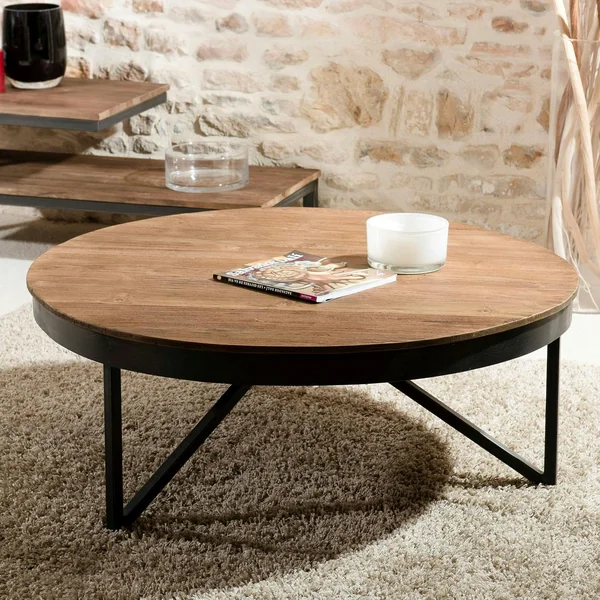 Table basse ronde bois de teck recyclé métal noir grand modèle SWING