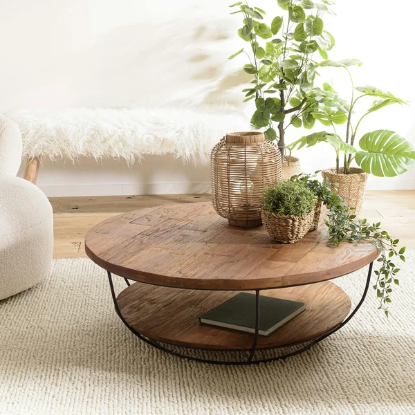 Table basse ronde double plateaux en teck recyclé et métal noir D100xH35cm SWING