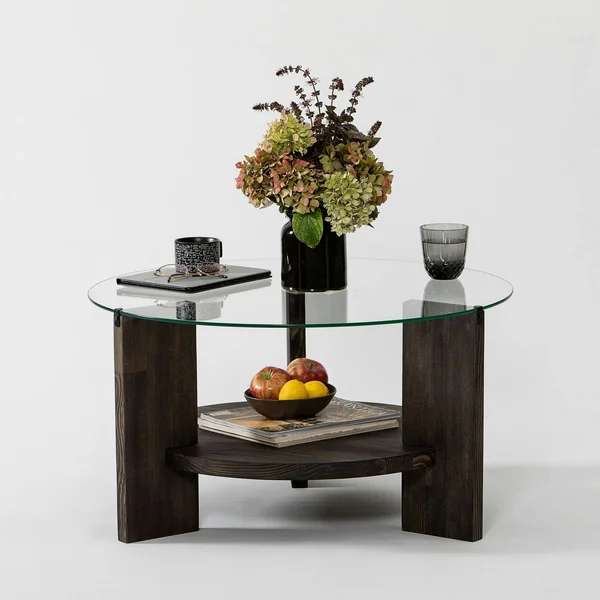 Table basse ronde en verre et bois foncé - 2 plateaux ANZIO