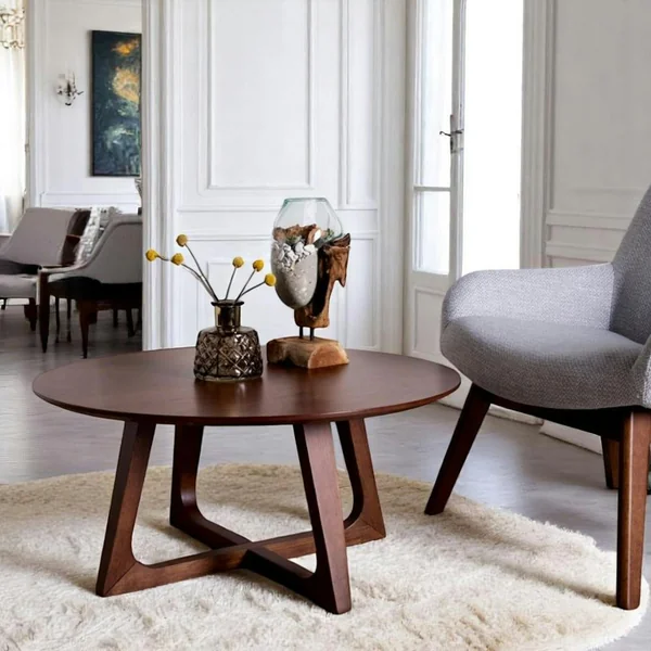 Table basse ronde vintage placage noyer LILLEHAMMER