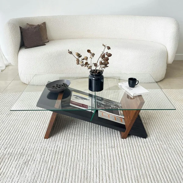 Table basse verre et bois brun - fonction porte-revues LHASA